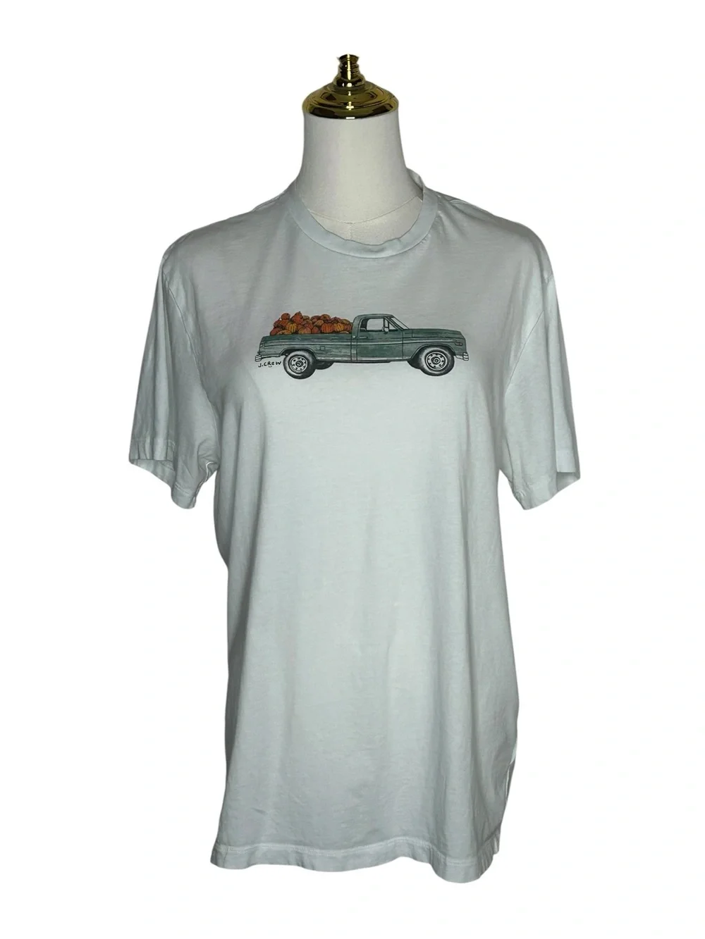 J. Crew Preppy Fall White Crewneck Tee Pickup Truck with Pumpkins Autumn Sz M